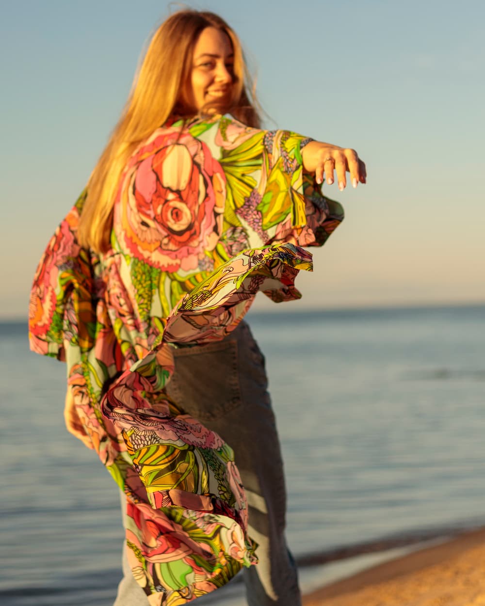 Kimono in Silk "Pink Green Flowers