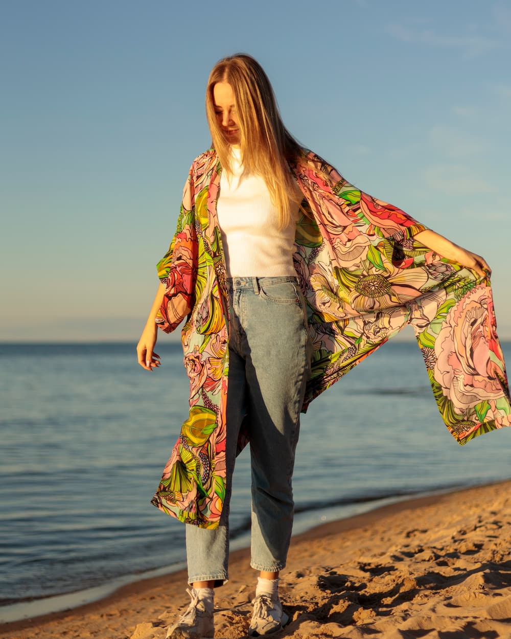 Kimono in Silk "Pink Green Flowers