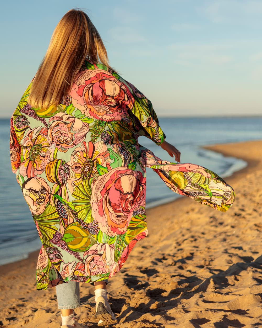 Kimono in Silk "Pink Green Flowers
