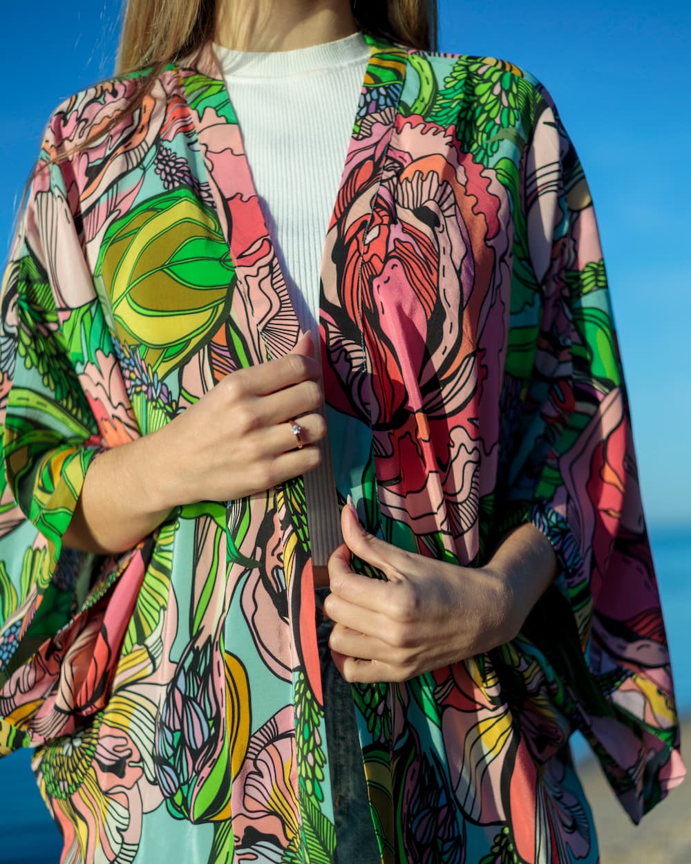 Kimono in Silk "Pink Green Flowers