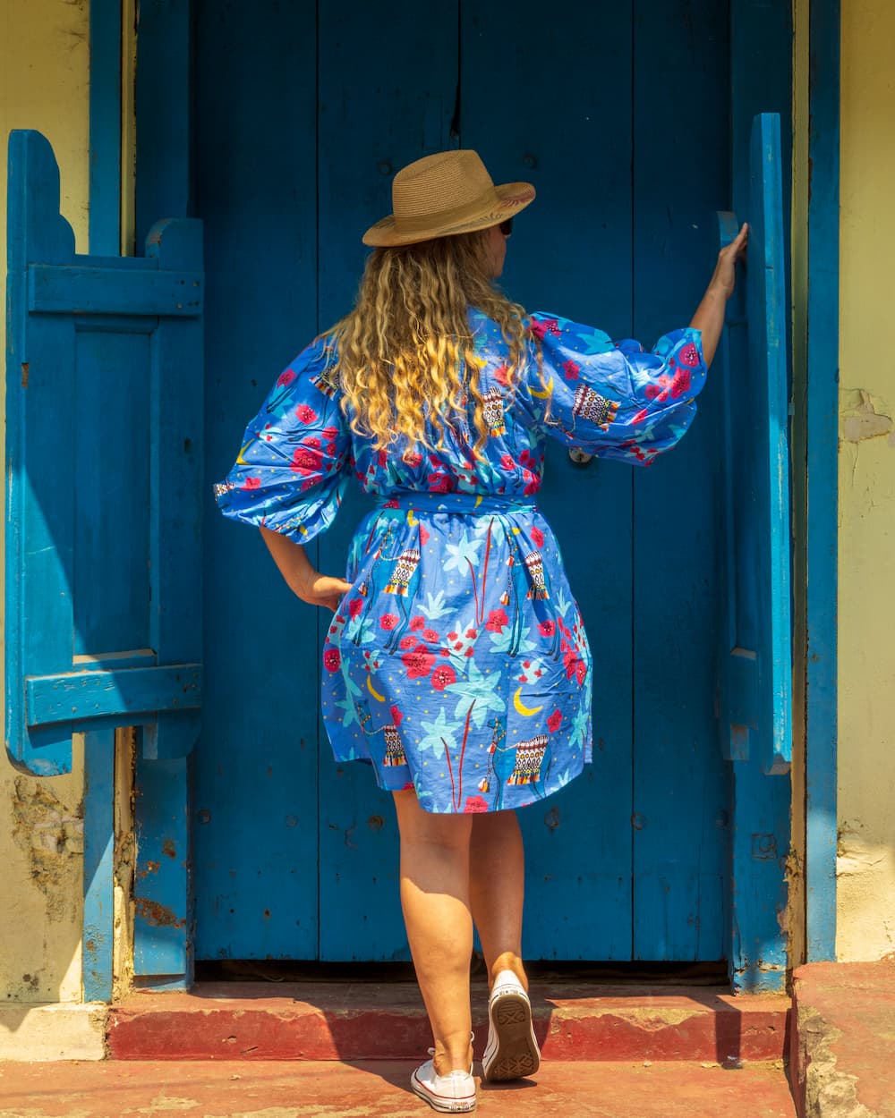 Puff Sleeve Dress in Cotton "Blue Camels"
