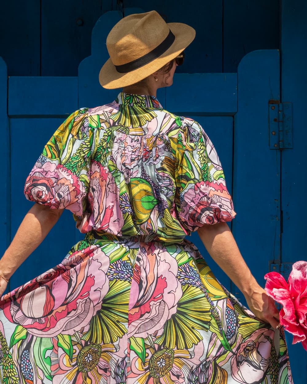 Puff Sleeves Top in Cotton "Pink Green Flower"