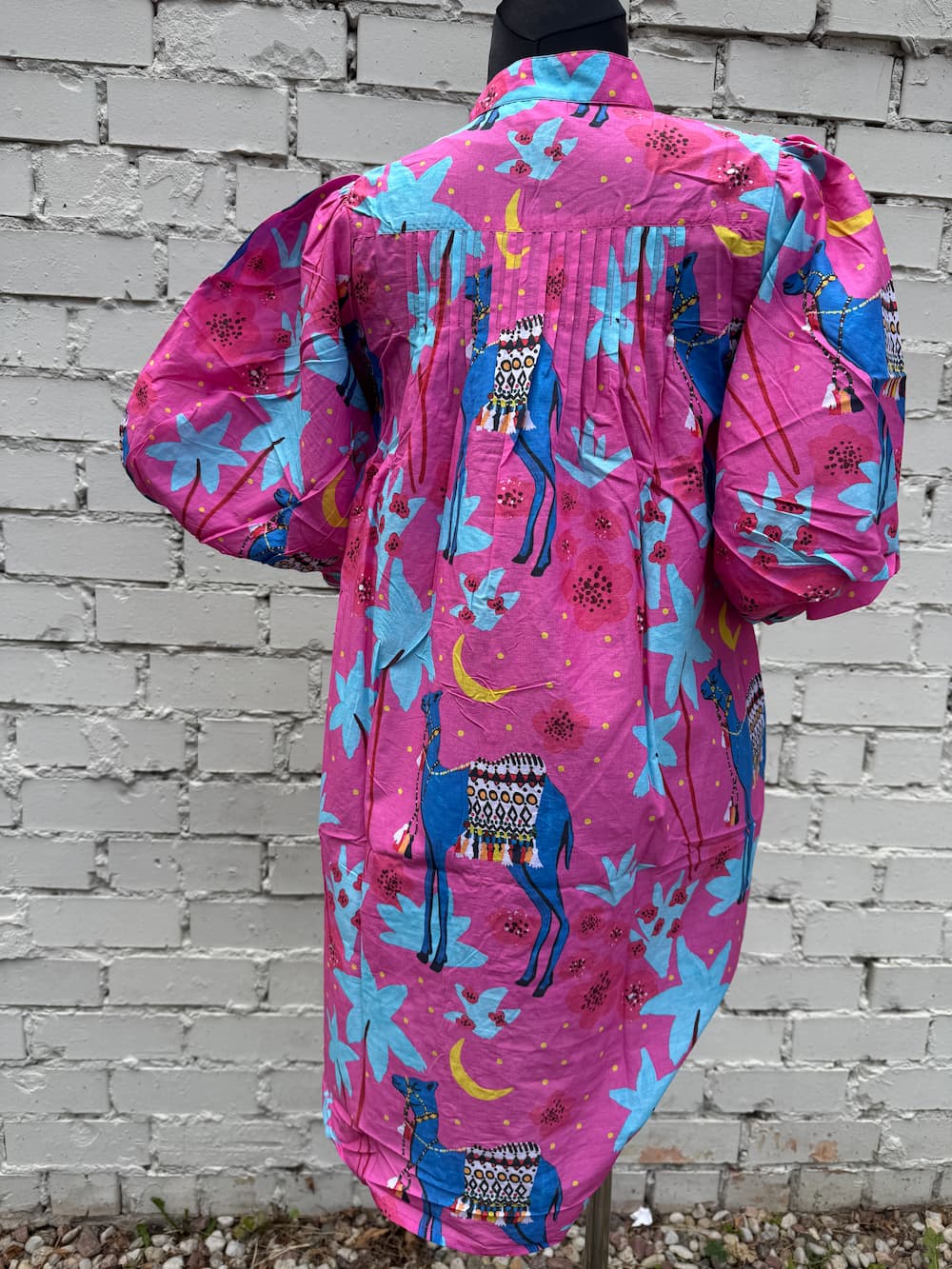 Puff Sleeve Dress in Cotton "Pink Camels"
