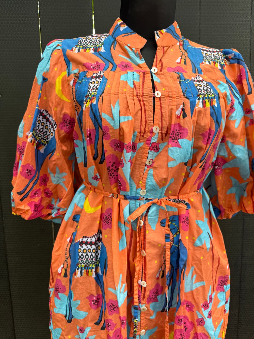 Puff Sleeve Dress in Cotton "Orange Camels"