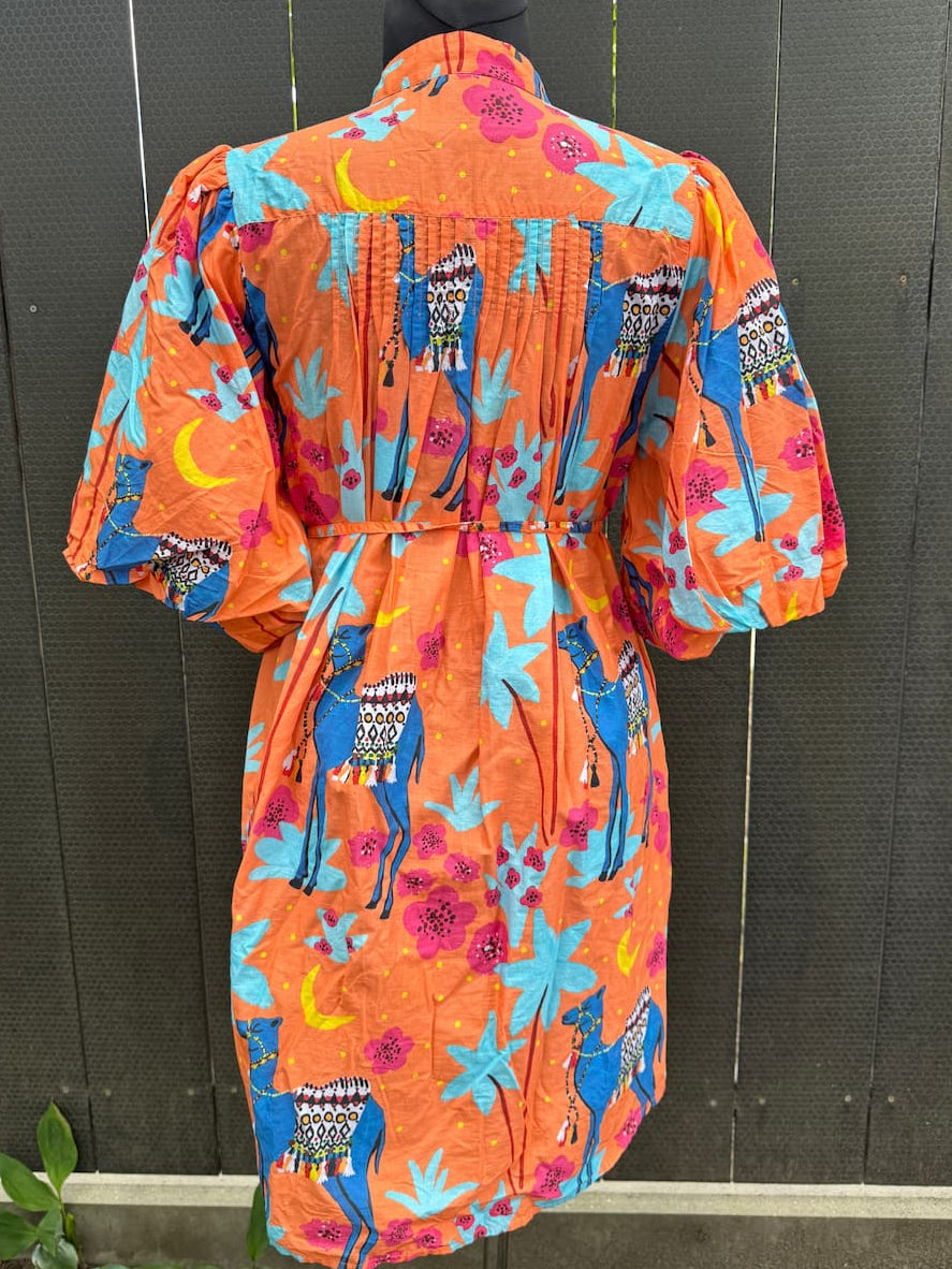 Puff Sleeve Dress in Cotton "Orange Camels"