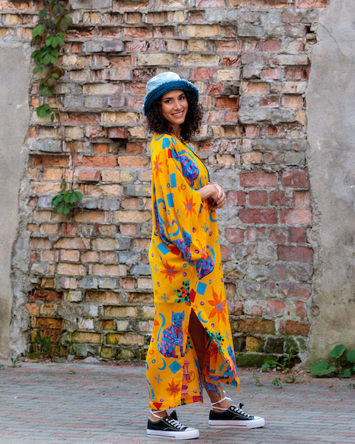 Kimono in Silk "Mandarino Cats"