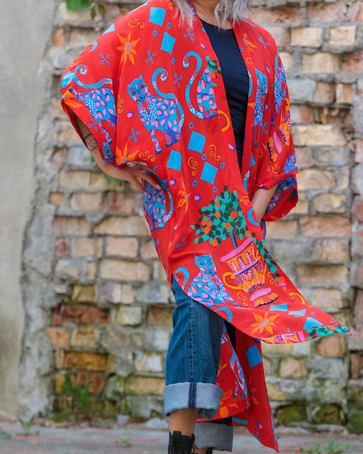 Kimono in Silk "Red Cats"