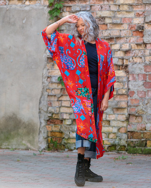 Kimono in Silk "Red Cats"