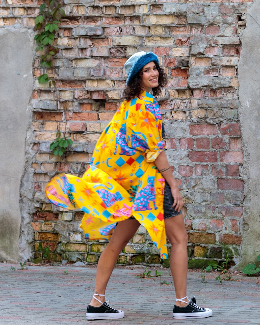 Shirtdress in Cotton "Yellow Cats"