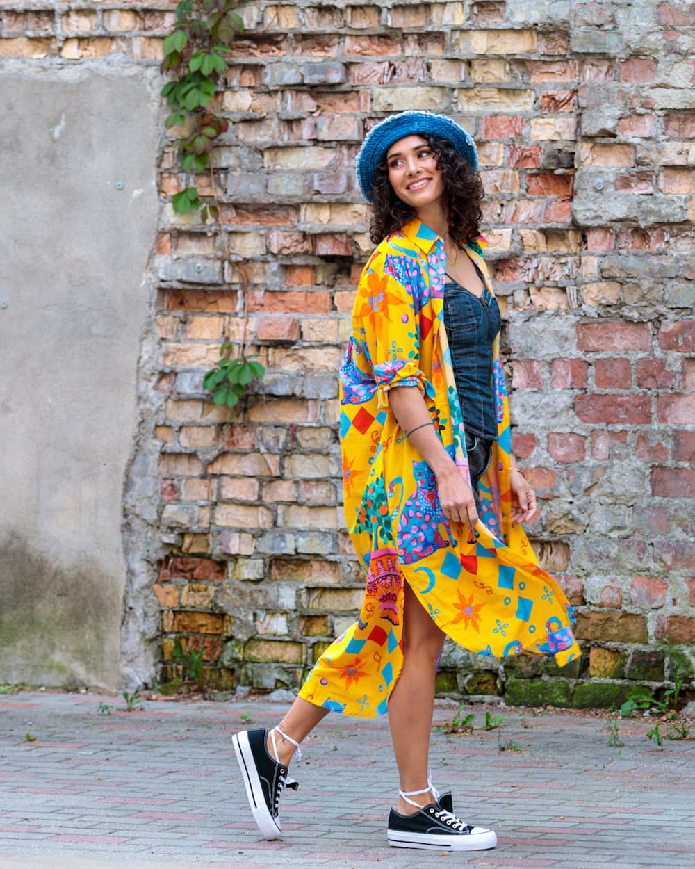 Shirtdress in Cotton "Yellow Cats"