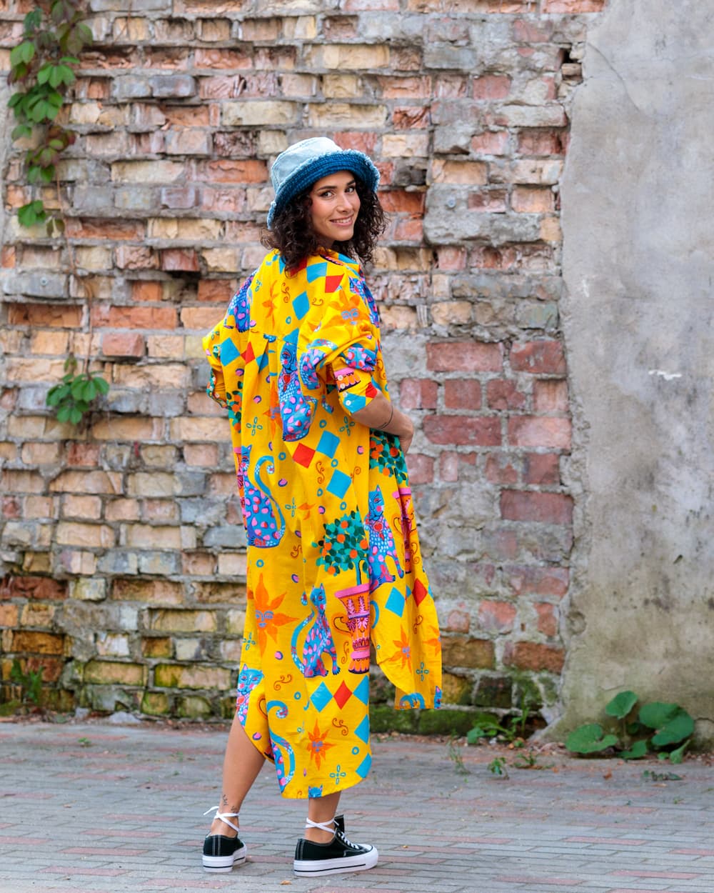 Shirtdress in Cotton "Yellow Cats"