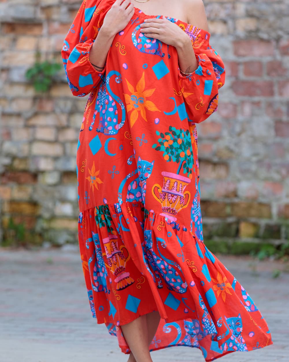 Midi Dress in Cotton "Red Cats"