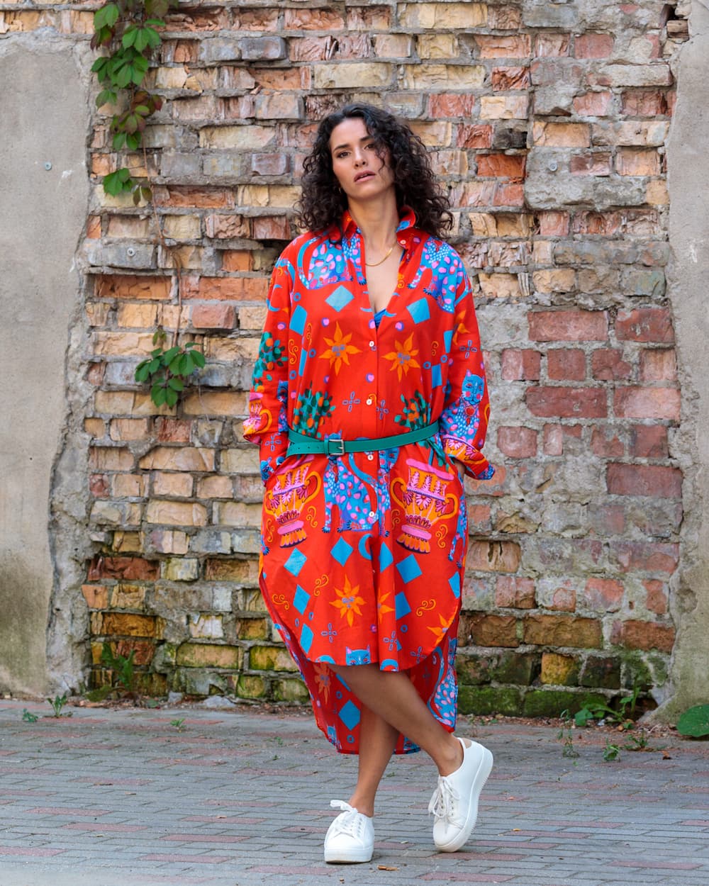 Shirtdress in Cotton "Red Cats"