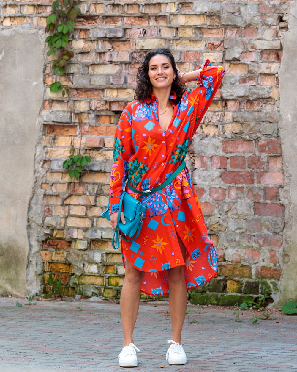 Shirtdress in Cotton "Red Cats"
