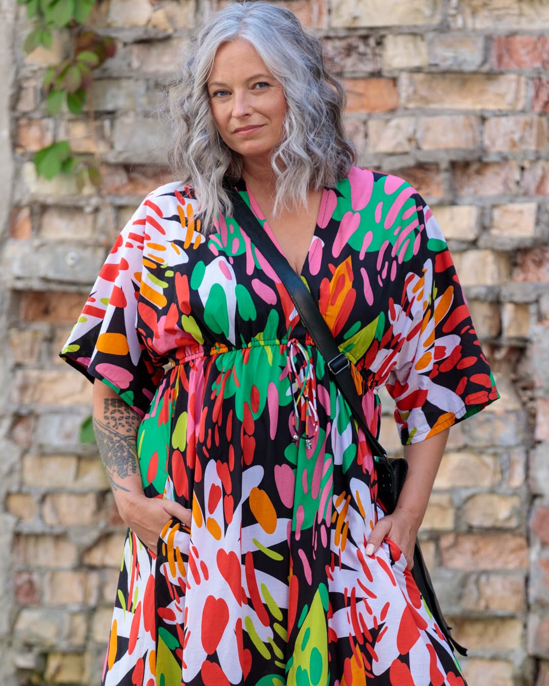 Long Dress in Cotton "Bright on Black"
