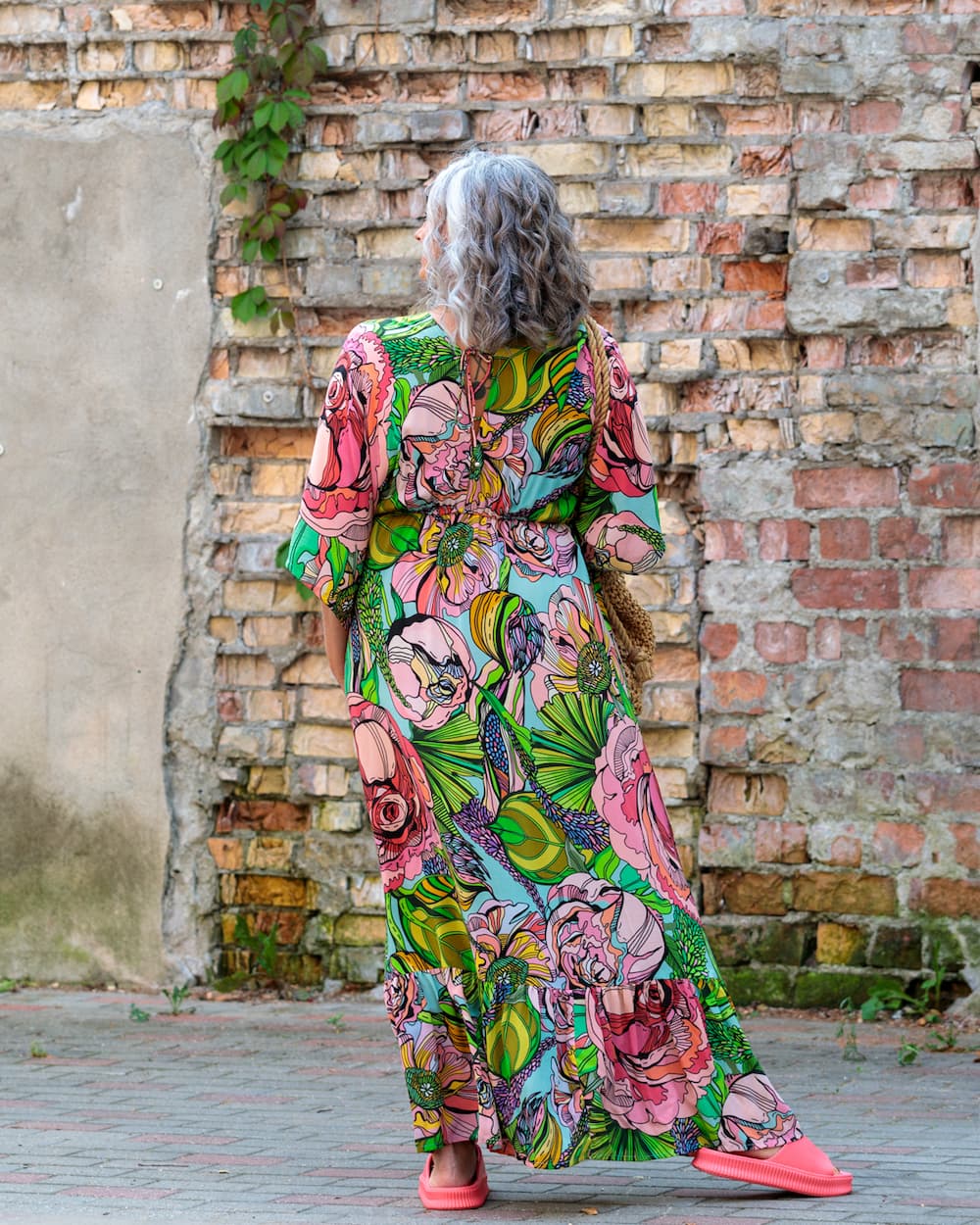 Long Dress in Silk "Pink Green Flower"