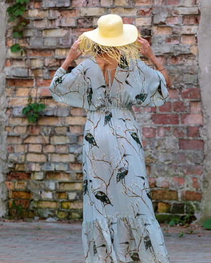 Long Dress in Silk "Cranes"