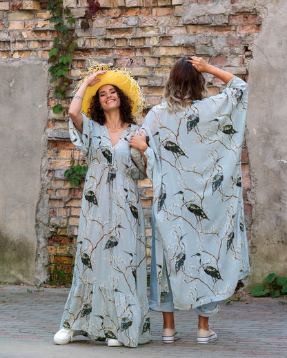 Long Dress in Silk "Cranes"