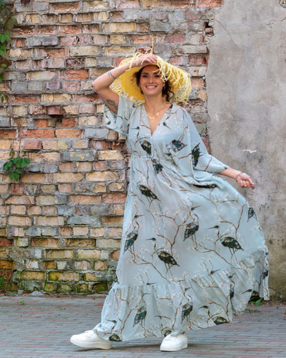 Long Dress in Silk "Cranes"