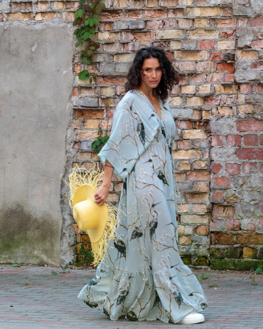 Long Dress in Silk "Cranes"