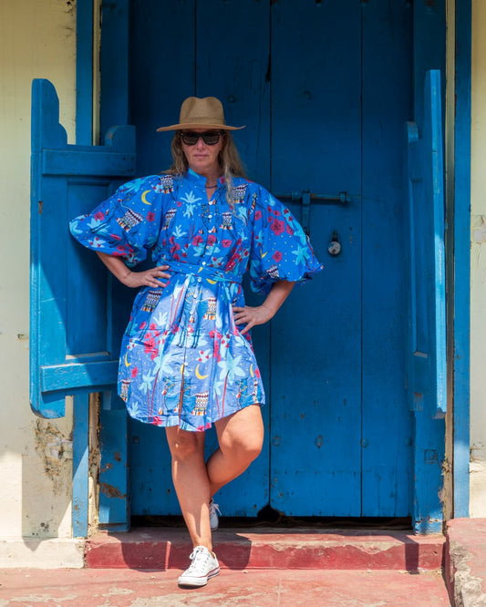 Puff Sleeve Dress in Cotton "Blue Camels"