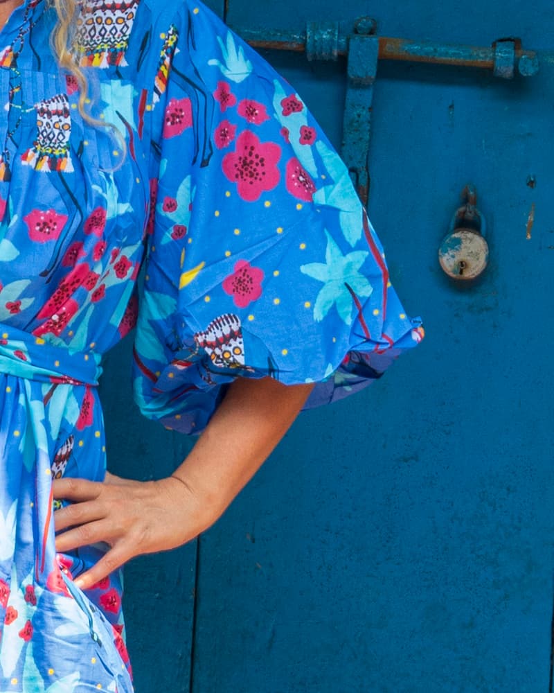 Puff Sleeve Dress in Cotton "Blue Camels"
