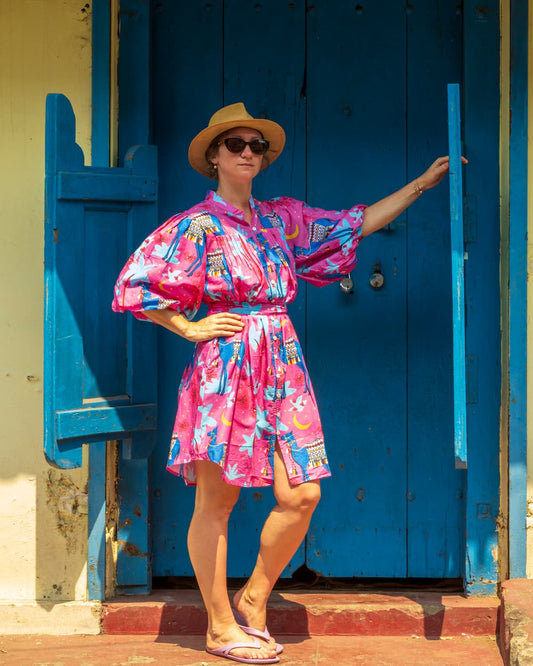 Puff Sleeve Dress in Cotton "Pink Camels"