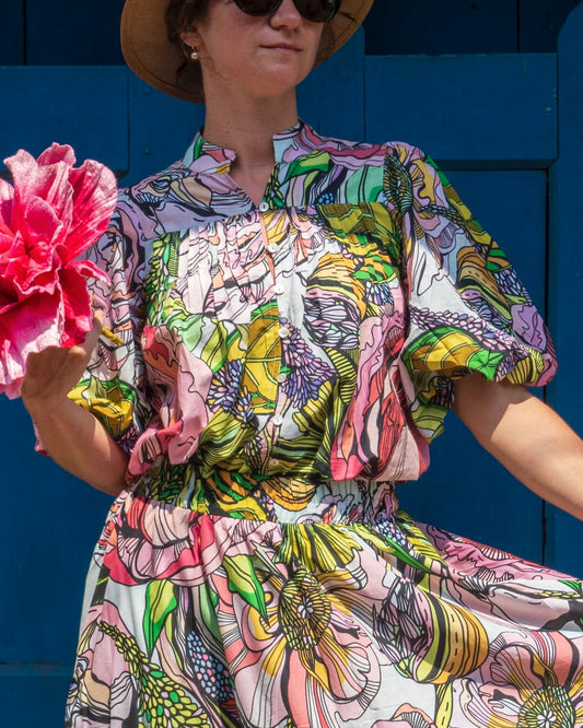 Puff Sleeves Top in Cotton "Pink Green Flower"