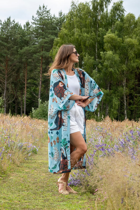 Kimono in Silk "Pale Blue Bedouin Moon" with belt