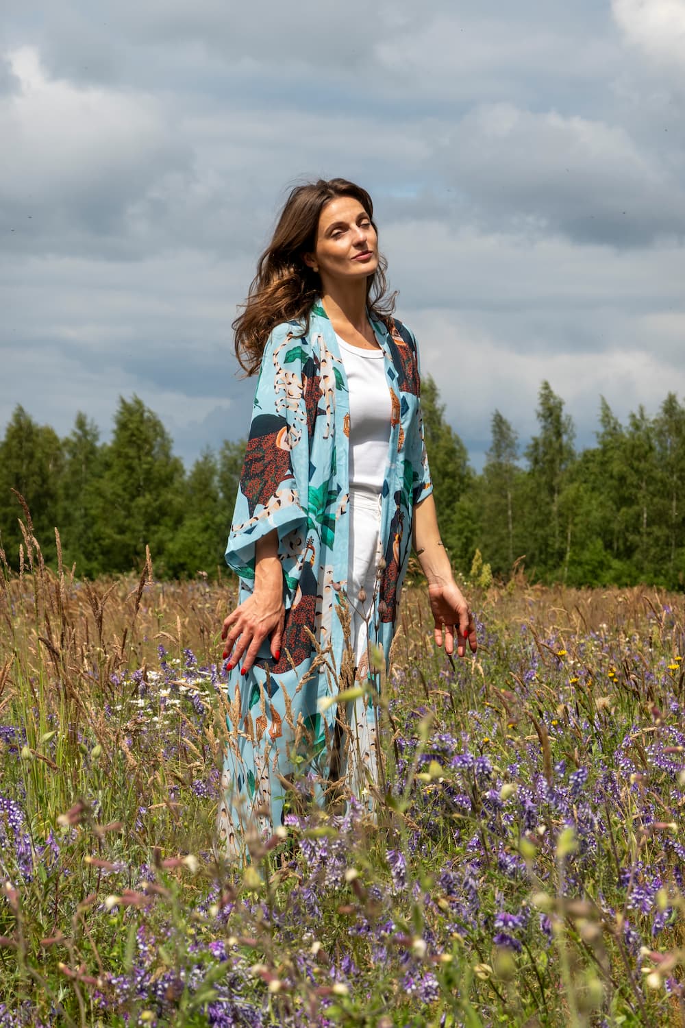 Kimono in Silk "Pale Blue Bedouin Moon" with belt