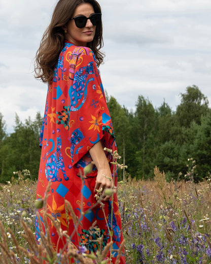Kimono in Silk "Red Cats" with belt