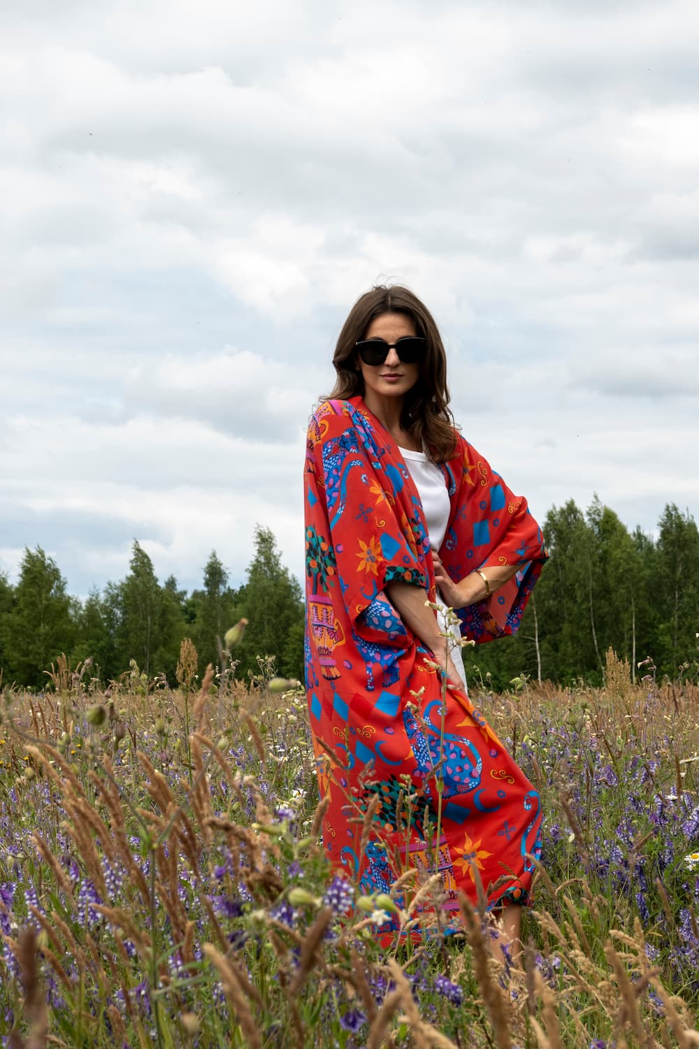 Kimono in Silk "Red Cats" with belt