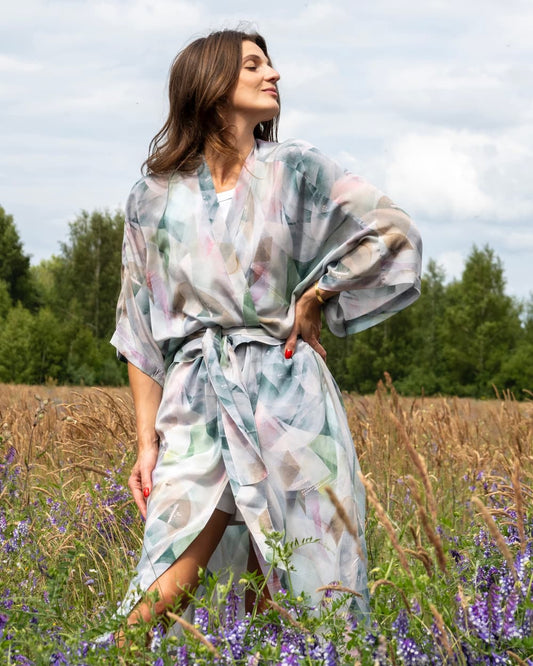Kimono in Silk "Soft Frost Rose" with belt
