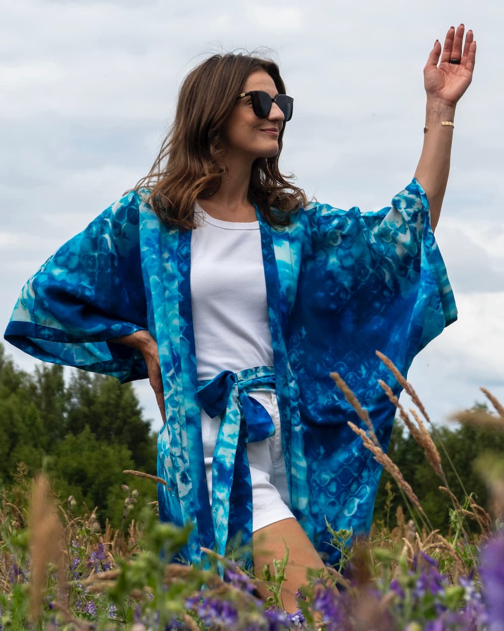Kimono in Silk "Ink Mermaid Tail" with belt