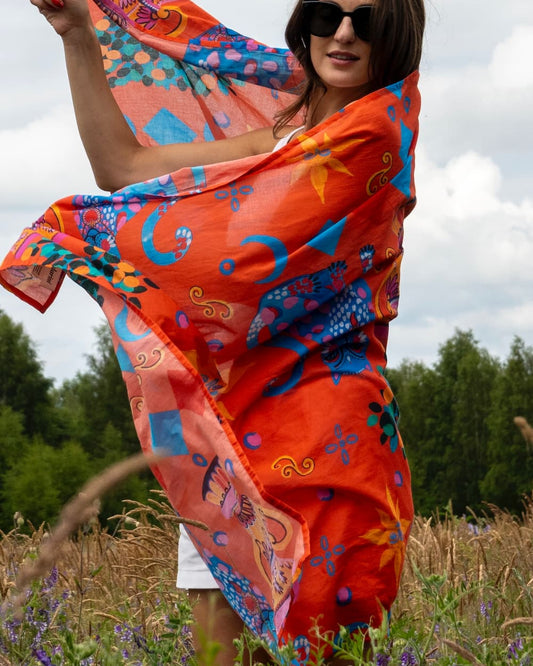 Beach Sarong in Cotton Voile "Red Cats"