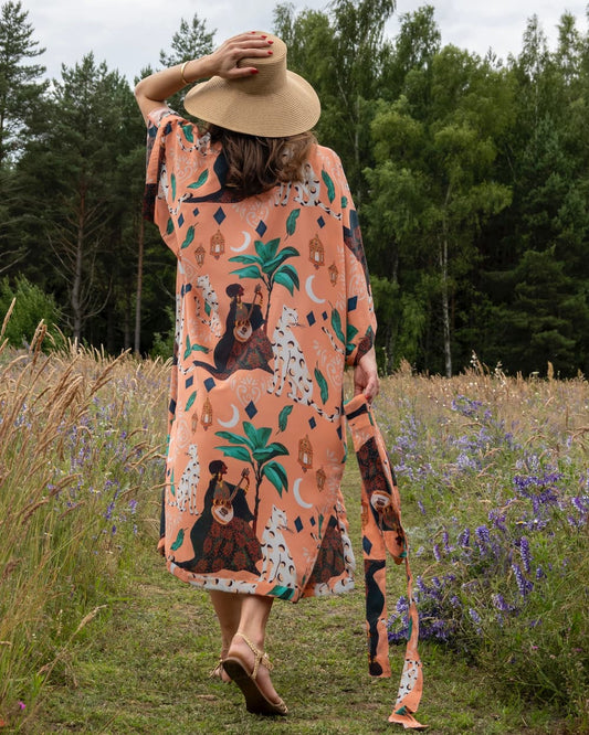 Kimono in Silk "Peach Bedouin Moon" with belt