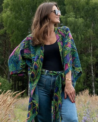 Kimono in Silk "Gorgeous Peacock" with belt