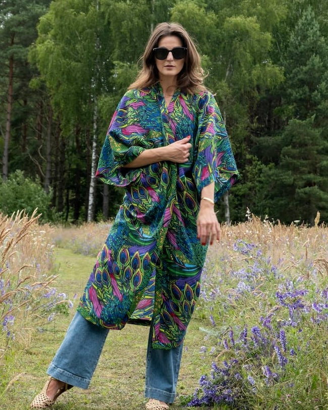 Kimono in Silk "Gorgeous Peacock" with belt