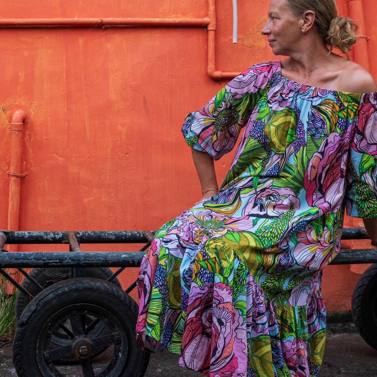 Midi Dress in Cotton "Pink Green Flower"