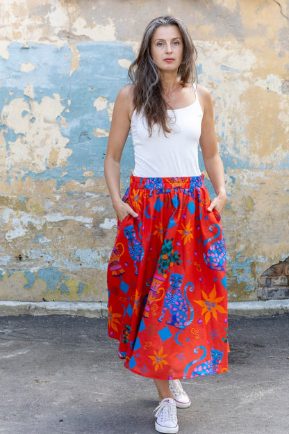 Skirt in Cotton "Red Cats"