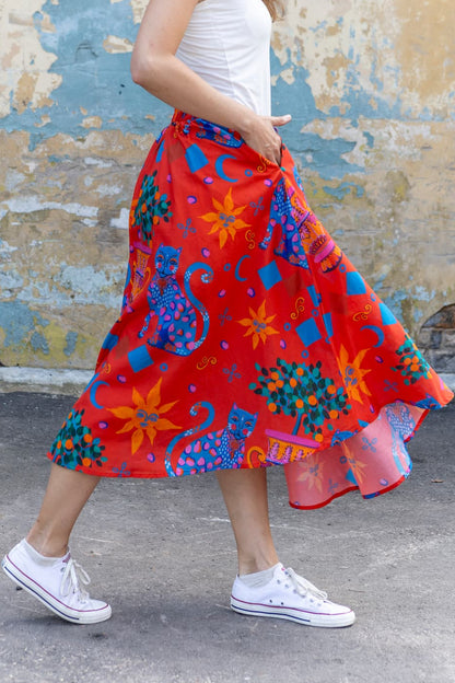 Skirt in Cotton "Red Cats"