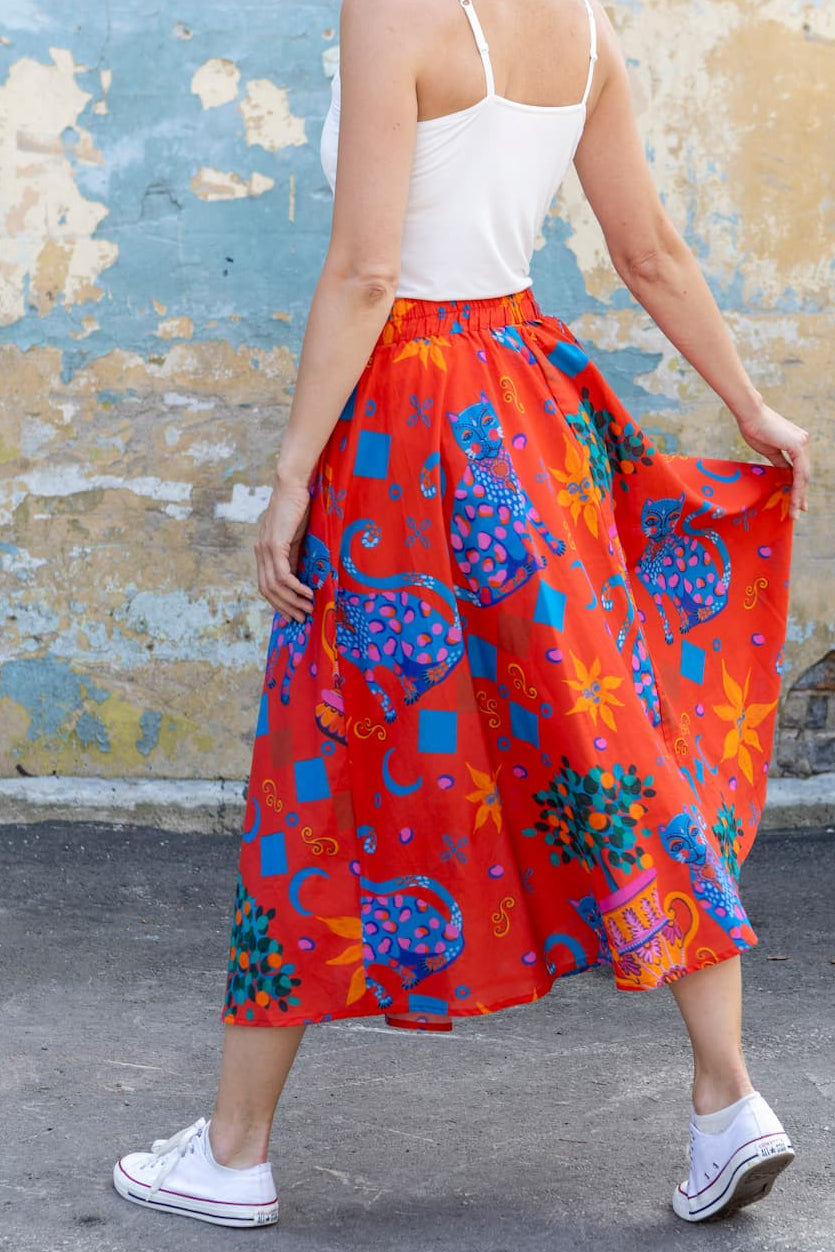 Skirt in Cotton "Red Cats"