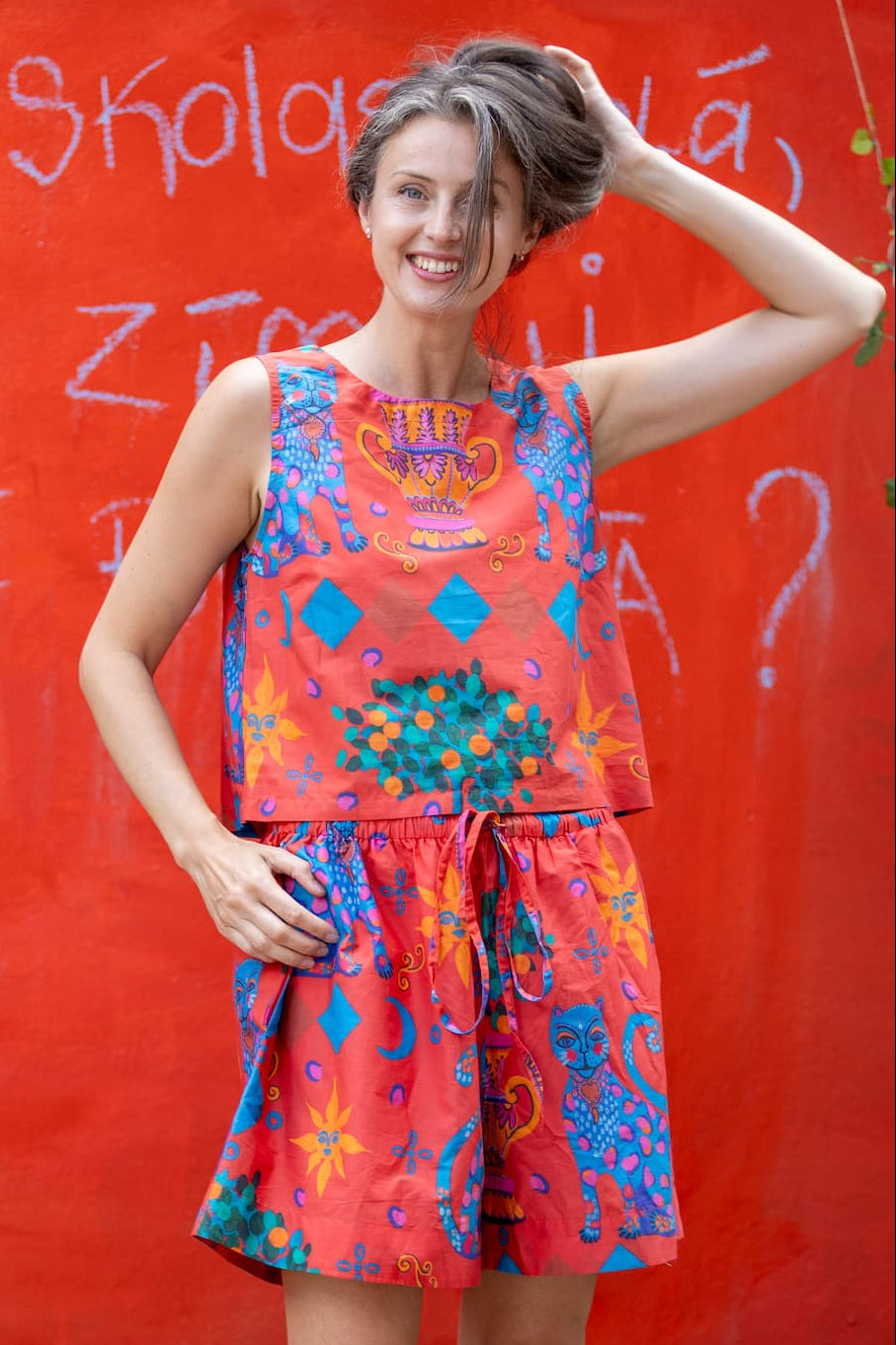 Sleeveless top in cotton Red Cats
