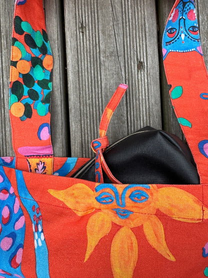 City Tote in Cotton Duck "Red Cats"