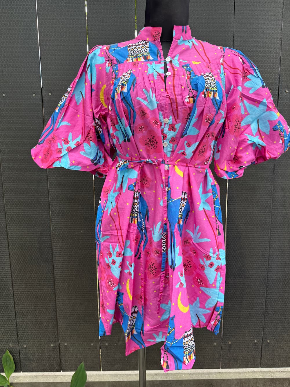 Puff Sleeve Dress in Cotton "Pink Camels"