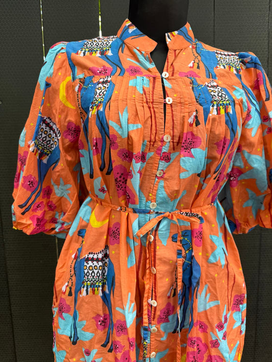 Puff Sleeve Dress in Cotton "Orange Camels"