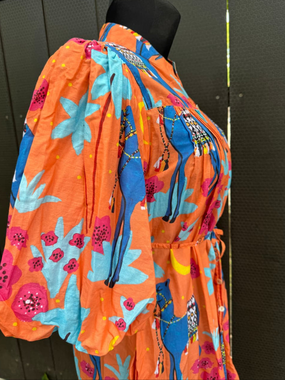 Puff Sleeve Dress in Cotton "Orange Camels"