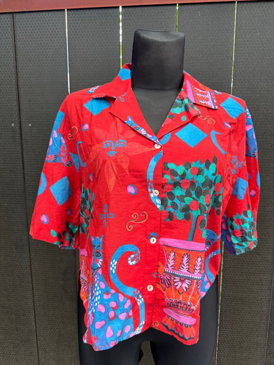 Lounge Top in Cotton "Red Cats"