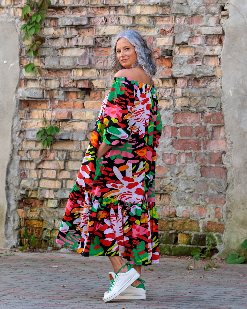 Midi Dress in Cotton "Bright on Black"