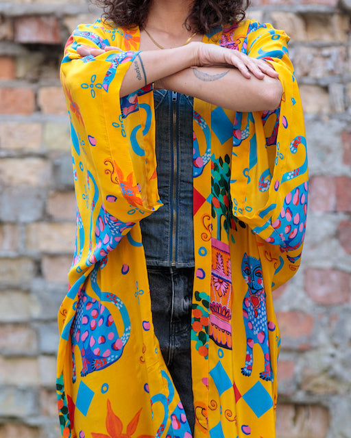 Kimono in Silk "Mandarino Cats"